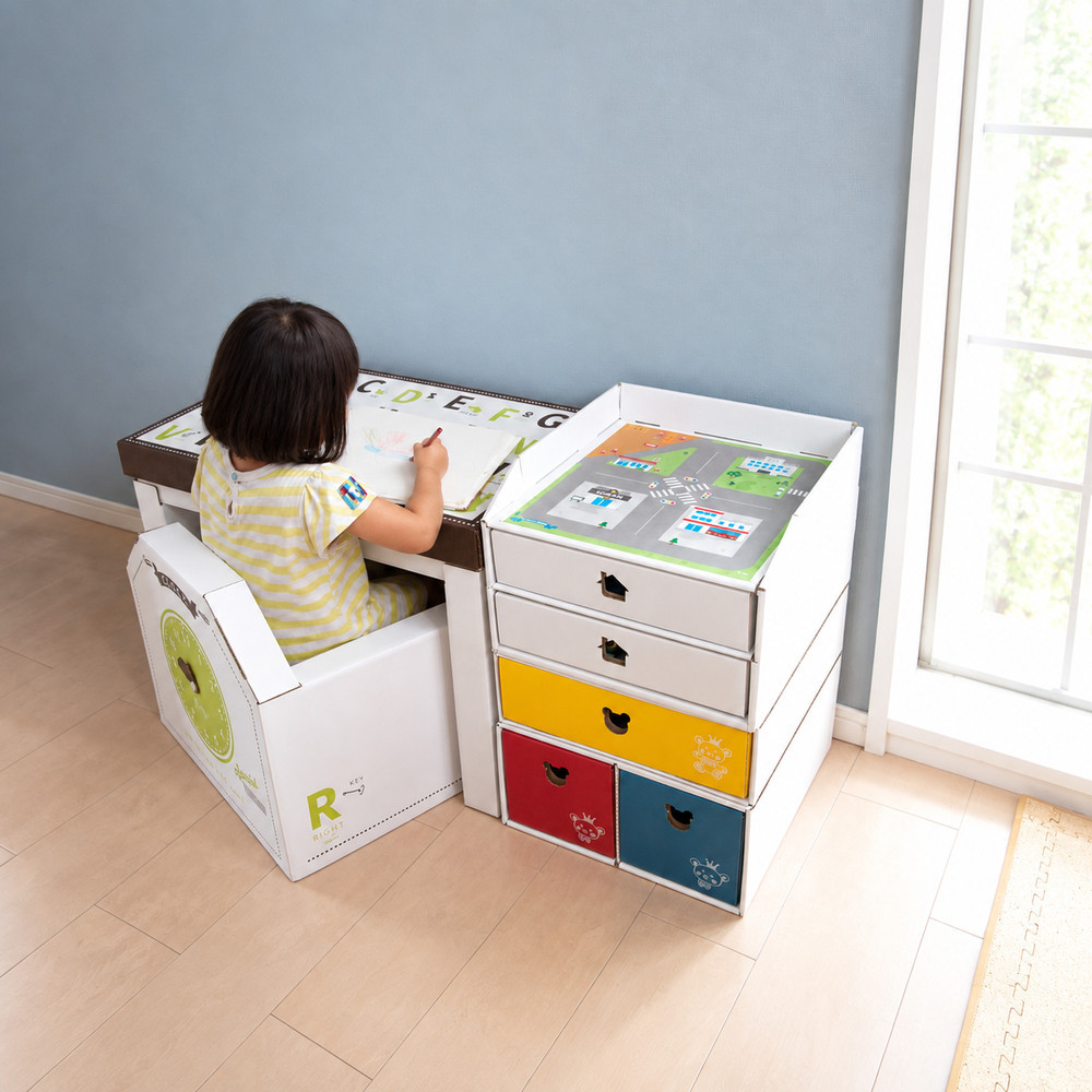 子供用ダンボール家具　ジュニアデスクチェア＆お片づけボックス＆１個・２個引き出しセット◇【白】