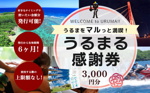 
うるまをマルっと満喫！うるまる感謝券　3000円分　迷ったらこれ　最高にちょうどいいうるま　観光　レジャー　体験　工芸　海中道路　ぬちまーす　果報バンタ　ホテル　レストラン　連休　旅行　沖縄　うるま　クーポン
