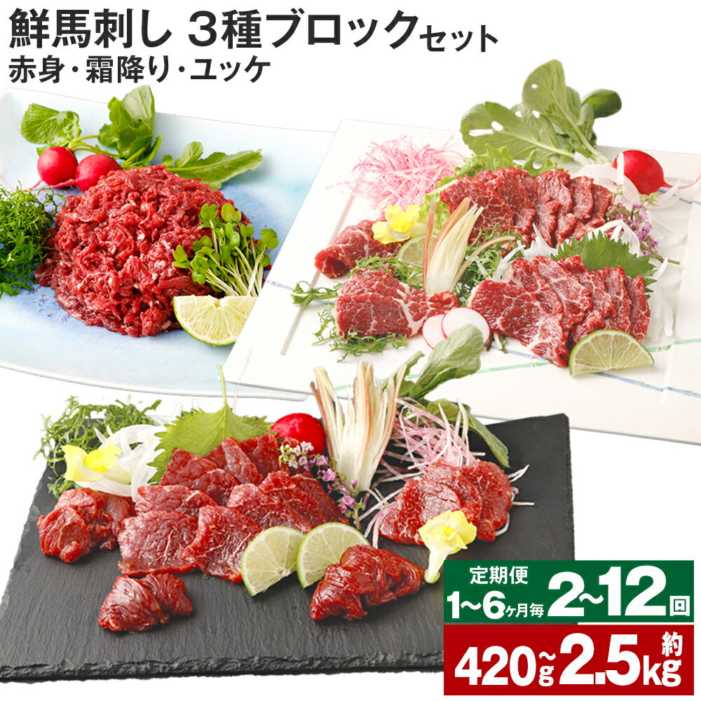 【ふるさと納税】【選べる 定期便】鮮馬刺し 3種ブロックセット（赤身・霜降り・ユッケ） 1回あたり約210g（約80g+約80g+約50g）合計約420g～約2.5kg 毎月/2ヶ月毎/3ヶ月毎/4ヶ月毎/5ヶ月毎/6ヶ月毎 馬刺し 馬肉 お肉 肉 タレ付き セット 冷凍 熊本県 高森町 送料無料