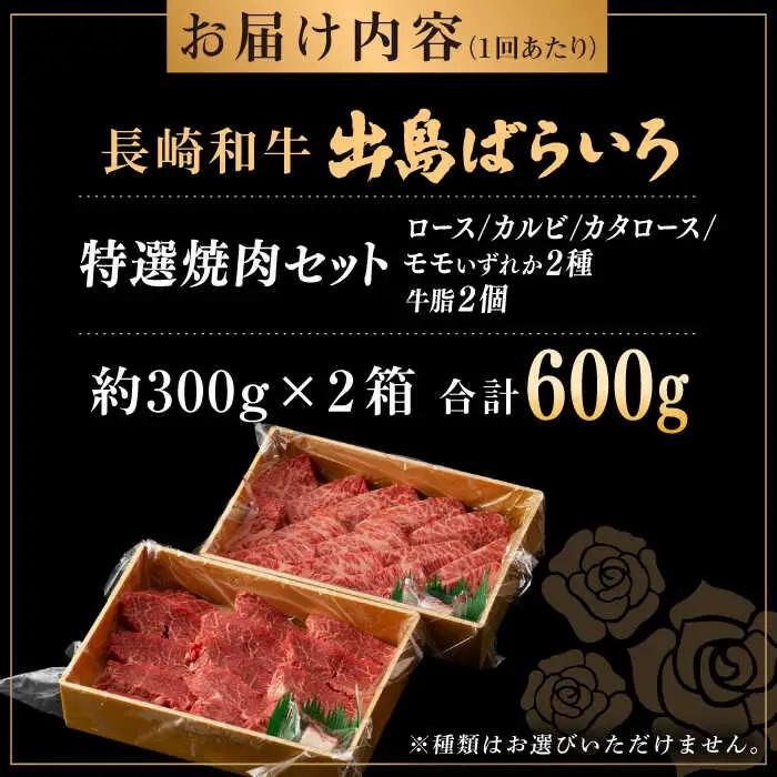 【全3回定期便】長崎和牛出島ばらいろ 特選焼肉セット（ロース カルビ カタロース モモ のいずれか2種類）約300g×2[RCI046] 長崎和牛 焼肉 長崎和牛 焼肉九州 長崎
