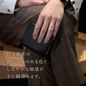 FACE-M (革のカシミヤ　北杜市産鹿革の二つ折り財布）BK（ブラック×キャメル） 財布 ウォレット サイフ 鹿革 レザー財布 野生鹿革 ヴィンテージソフトレザー アップサイクルレザー レザー 北杜
