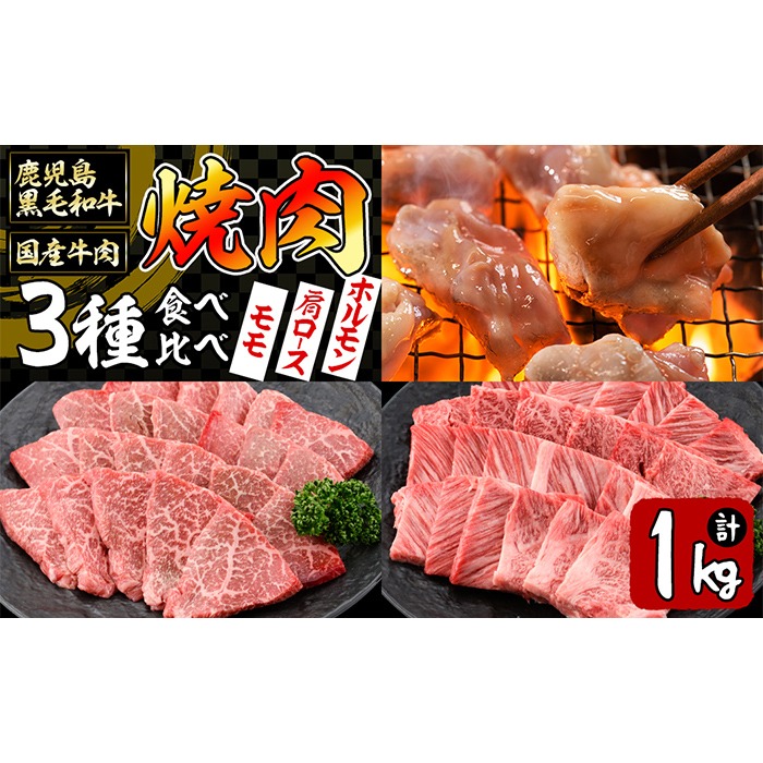【焼肉3種！食べ比べセット】鹿児島県産黒毛和牛 モモ・肩ロース・国産ホルモンの焼肉3種セット＜計1kg＞ b2-030