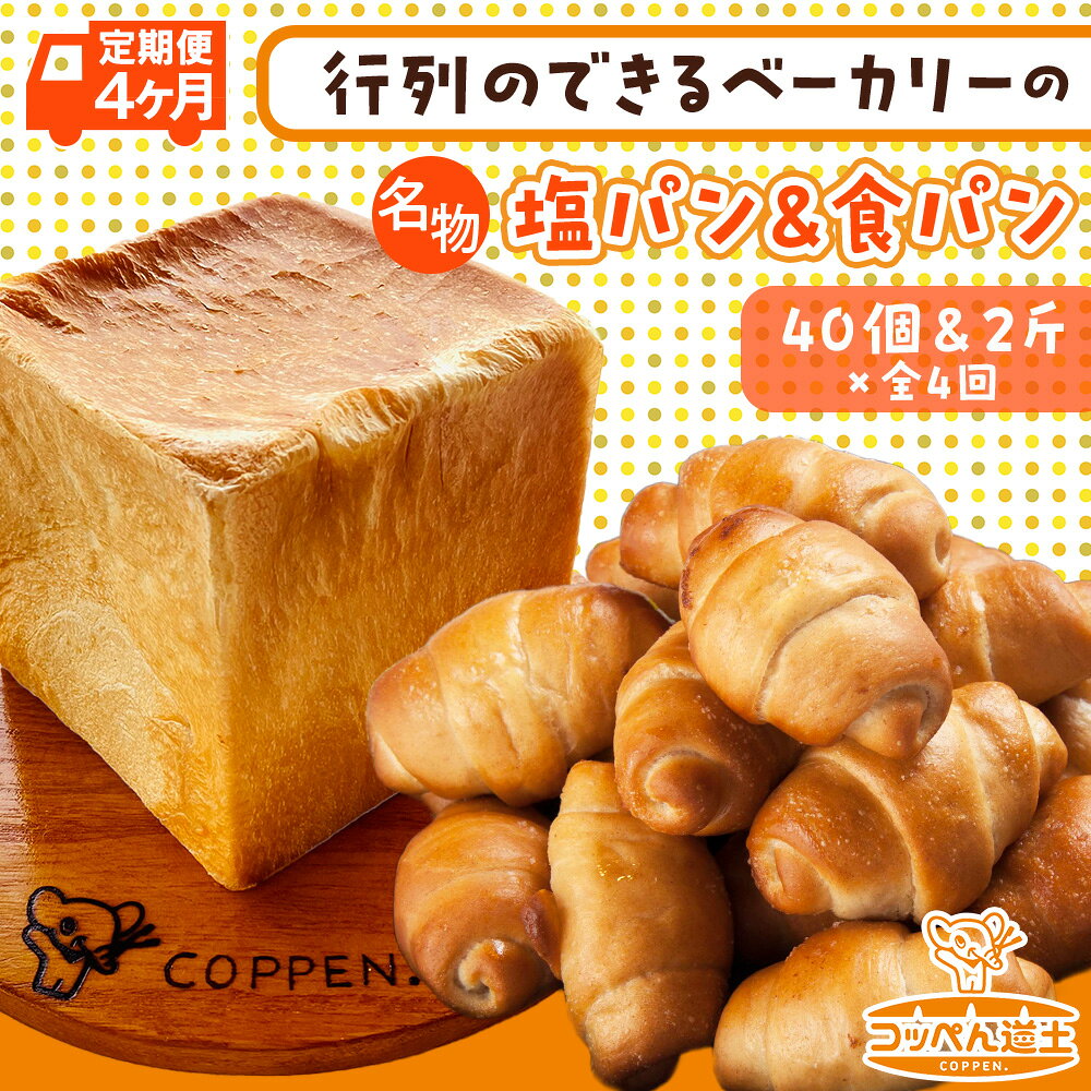 【ふるさと納税】定期便 全4回 北海道 パン 2種 詰合せ 塩パン 40個 食パン 2斤 北海道産 小麦 トースト 手作り 自家製 焼きたて ベーカリー 朝食 朝ごはん 軽食 モーニング 冷凍 お取り寄せ 食べ比べ 人気 行列 ギフト 贈答用 送料無料 木古内 パン 食パン
