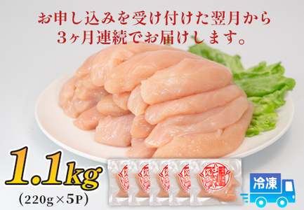 鶏肉 ささみ 1.1kg 定期便 3回 （1.1kg×3回） 鶏ささみ ササミ チキン 若鶏 ブランド鶏 最優秀賞 天皇杯 受賞 小分け 冷凍 骨なし お弁当 ササミフライ 梅しそ 筋トレ 高たんぱく