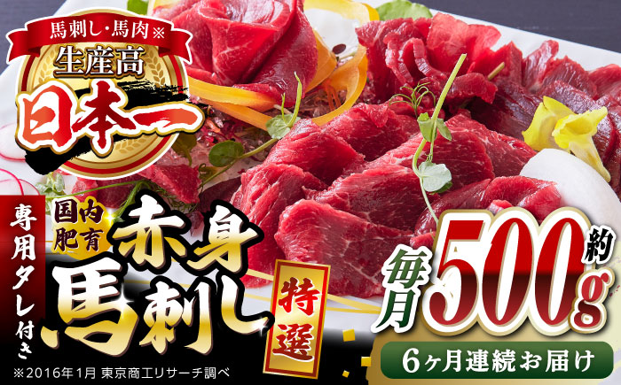 【全6回定期便】国内肥育 馬刺し 特選赤身 約500g 専用タレ付き 熊本 山都町 冷凍 馬肉 馬刺 ヘルシー 小分け【有限会社 丸重ミート】[YAK028]