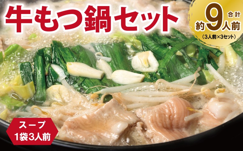 099H3382 牛もつ鍋セット スープ付 合計約9人前【味付け 小分け 牛肉 ホルモン 醤油ベーススープ 簡単調理 3人前×3セット】