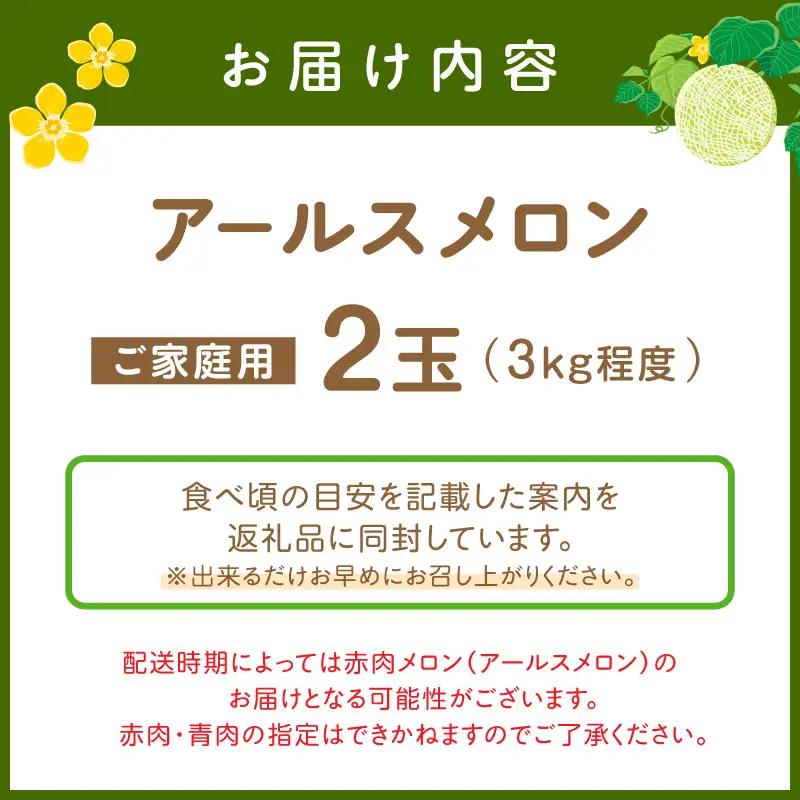アールスメロン(マスクメロン) 2玉 3kg程度 糖度13度程度≪家庭用≫【配送不可地域：北海道・青森・秋田・岩手・沖縄・離島】【1354】