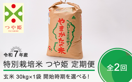 米 令和7年産 【玄米2回定期便】 つや姫 30kg×2回 2026年3月・2026年6月発送 大石田町産 特別栽培米 玄米 ※沖縄・離島への配送不可 ja-tsgxa30x2-tkk3to6