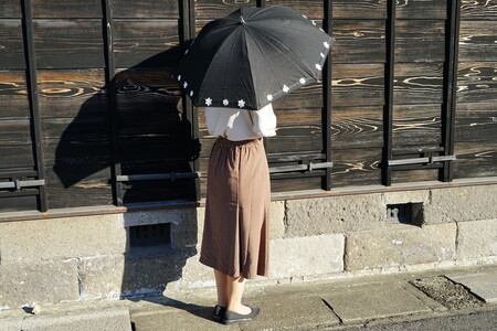 雪華模様の刺繍入り日傘（晴雨兼用・サイズ50ｃｍ・UV加工・麻50％綿50％）カラー：黒_BL19◇