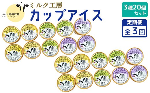 【定期便：全3回】ニセコ高橋牧場ミルク工房カップアイス3種20個セット【52001BB0301】