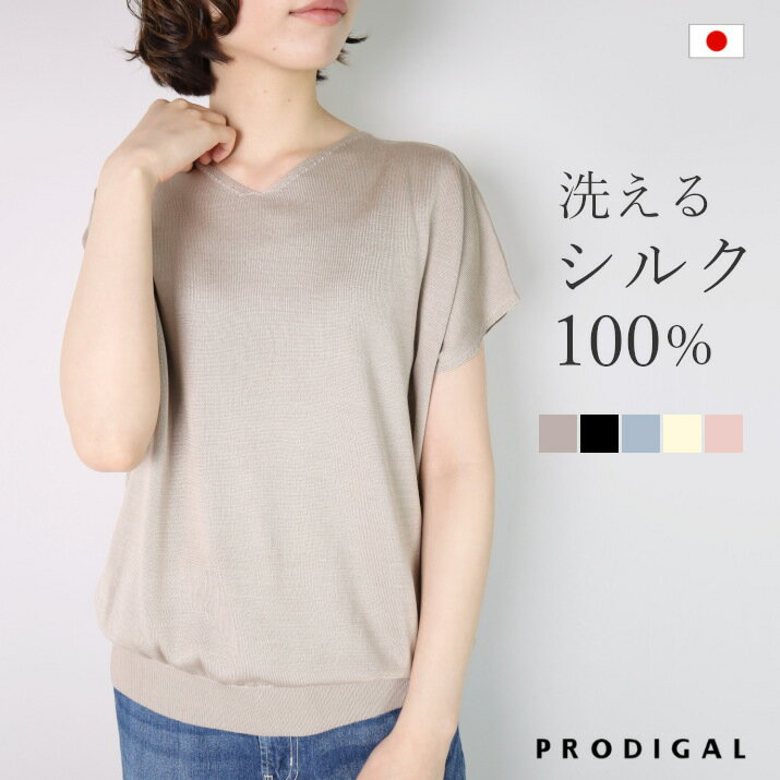 【ふるさと納税】洗える シルク100％ サマーニット プルオーバー フレンチスリーブ 日本製 レディース フリーサイズ 半袖 ニット vネック 春 夏 シンプル 五泉ニット ウォッシャブルシルク100％Vネックプルオーバー 新潟県 五泉市 高橋ニット株式会社