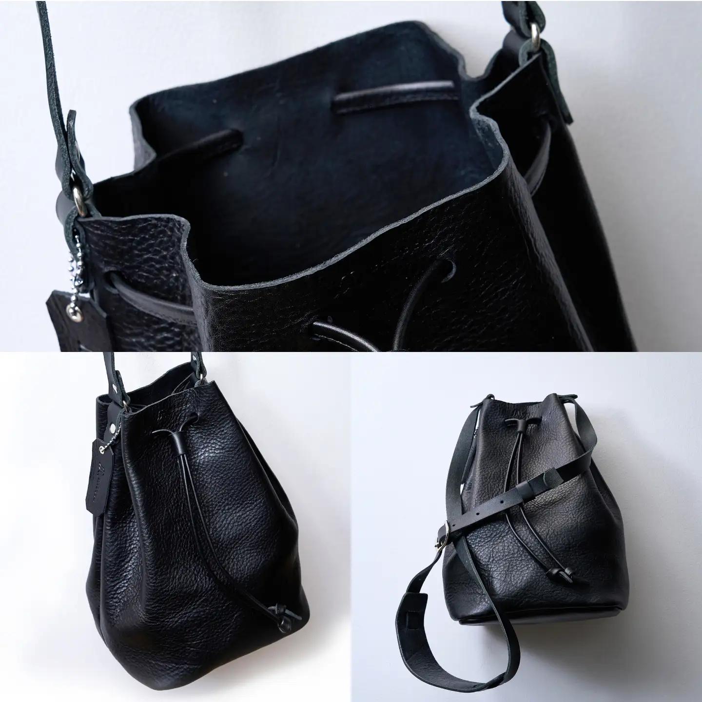 巾着ショルダーバッグS(ブラック) / レザー ショルダー ショルダーバッグ BAG bag バック バッグ 革 ギフト 巾着 きんちゃく / 諫早市 / 伊東製靴店[AHCN018]