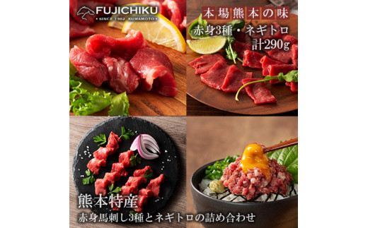 【フジチク】熊本と畜 ふじ馬刺し 赤身馬刺し3種とネギトロの詰め合わせ ふじ馬刺し 赤身 希少部位 上赤身 ロース ランプ ネギトロ 赤身各80g ネギトロ50g 計290g 専用タレ 冷凍 真空パック ISO22000取得 UKAS認証 牧場直送 ギフト お祝い お礼 プレゼント 贈答品 お取り寄せ