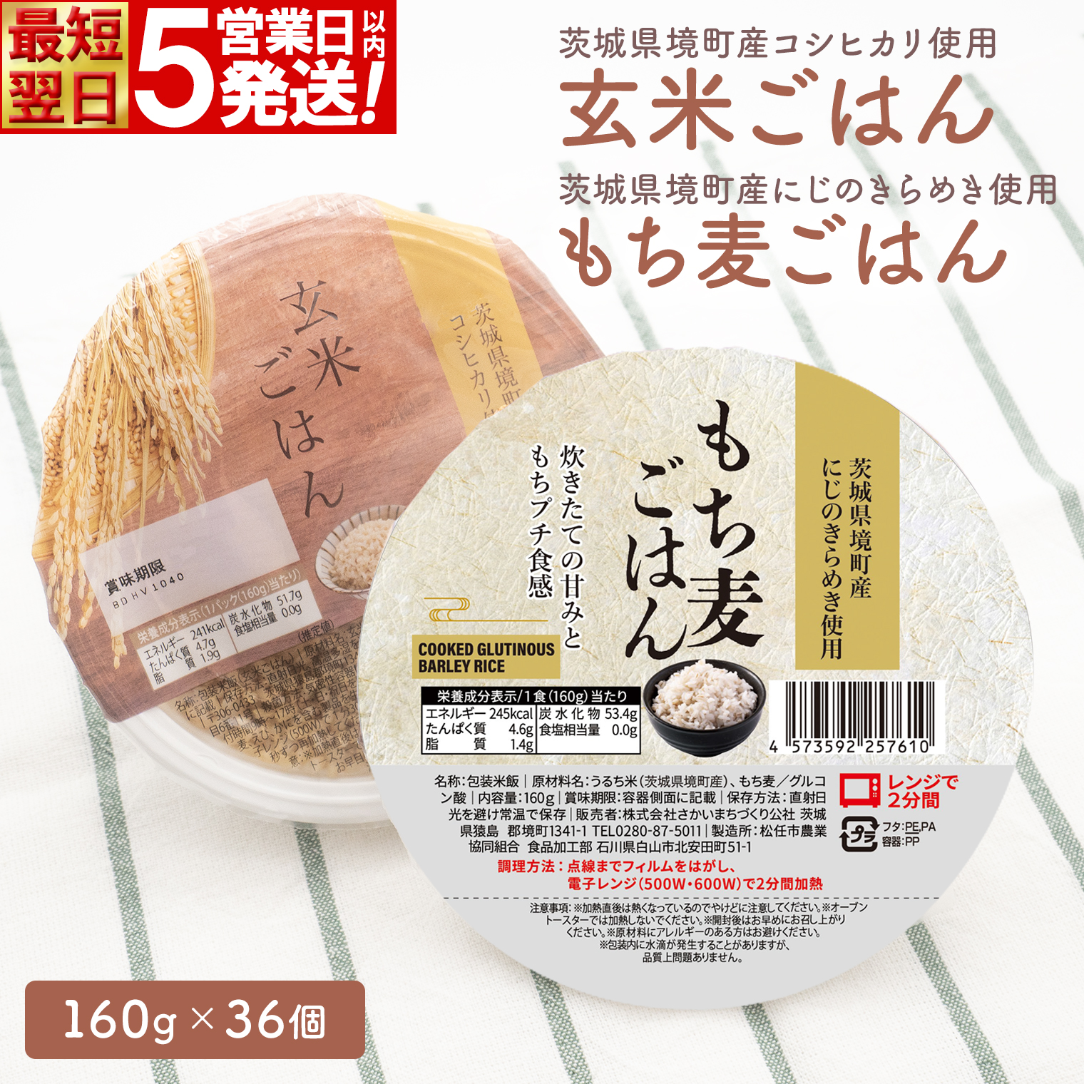 【最短翌日発送】茨城県境町産米使用 パックごはん 玄米・もち麦 各160g×18個 計36個 パックライス ライスパック 人気 K2675
