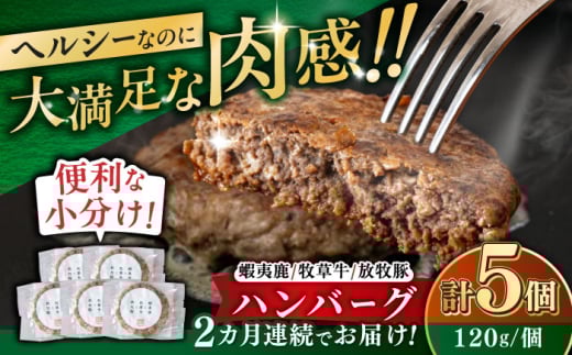 【全2回定期便】【蝦夷鹿×牧草牛×放牧豚】ハンバーグ 5個 《厚真町》【GOODGOOD株式会社】 ハンバーグ 鹿肉 牛肉 豚肉 ジビエ 小分け 冷凍配送 北海道 [AXBP018]