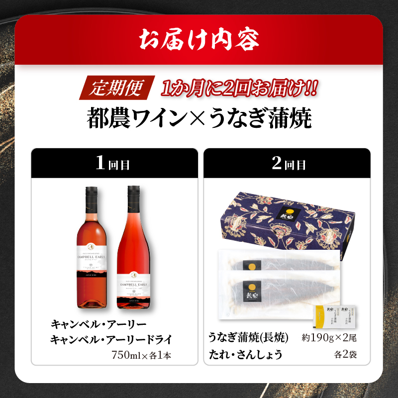 ≪定期便≫＼1か月に2回お届け!!／都農ワイン×うなぎ蒲焼★最強コンビ_T999-003【酒 飲料 鰻 魚介 国産 人気 ギフト 食品 お酒 飲み比べ 惣菜 高級 お土産 贈り物 送料無料】