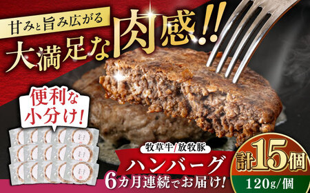 【全6回定期便】【牧草牛×放牧豚】ハンバーグ 15個 牛肉 豚肉 小分け 冷凍 北海道 [AXBP044]