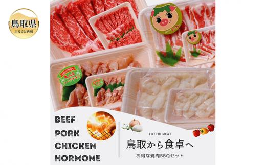 と24-010 鳥取県産　焼肉セット 2.4ｋｇ (６～１０人前） ホルモン 丸腸 牛肉 豚肉 鶏肉 バーベキュー 鳥取産 BBQ ファミリーセット
