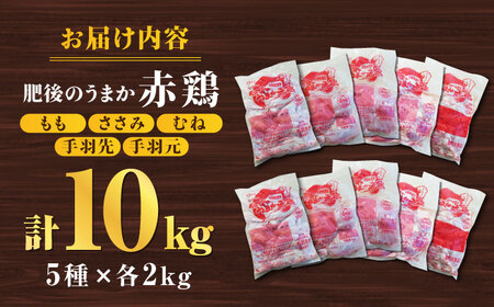肥後のうまか 赤鶏  5種食べ比べセット（モモ ささみ ムネ 手羽先 手羽元）各2kg 計10kg【山内飼料 株式会社 熊本営業所】 熊本県 特産品 赤鶏 熊本 九州産  [ZAB005]