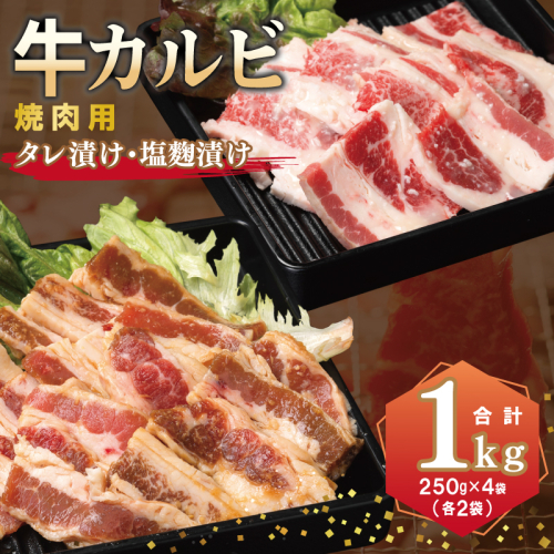 牛カルビ 焼肉用 タレ漬け+塩麹漬け 合計1kg（250g×各2袋） 【味付け 小分け 焼くだけ 簡単調理 BBQ 牛肉 250g×4袋】 010B1669