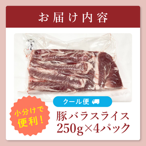【茨城県共通返礼品/鉾田市】国産常陸の輝き豚バラスライス 1.0kg(250ｇ×4Ｐ) | 霜降り 柔らかい 高品質 茨城県産(92-11)