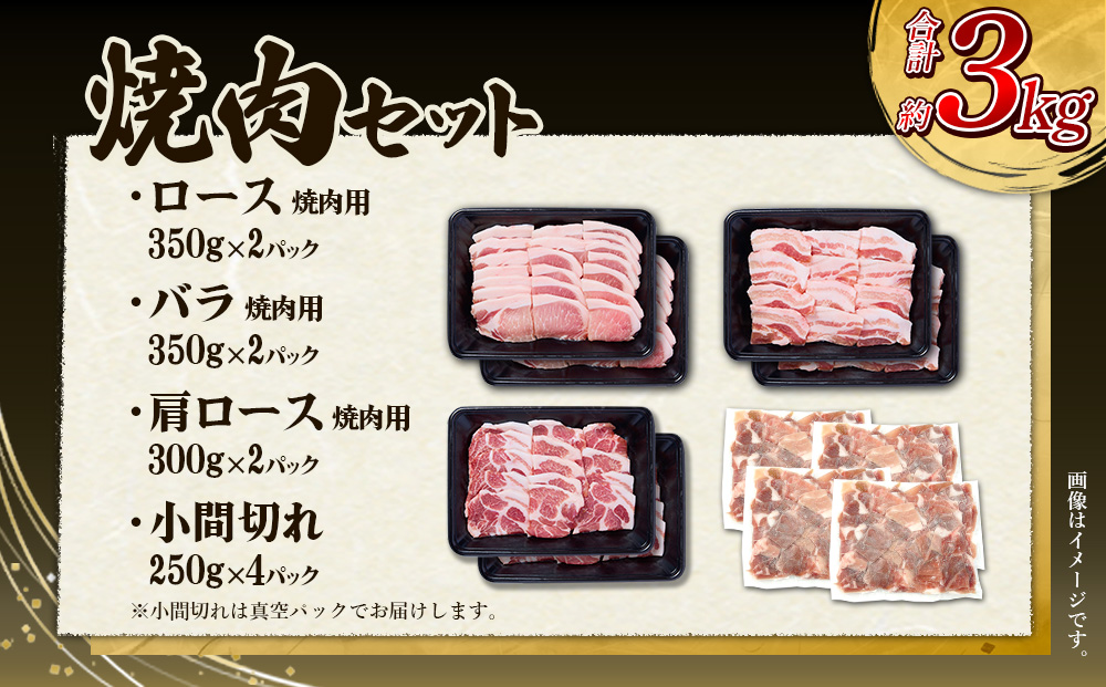 【6回定期便】豚肉 宮崎県産 いもこ豚 焼肉 セット 3kg × 6回 総合計 18kg 切り落とし 小分け 豚 豚バラ バラ ロース 肩ロース スライス 小間切れ 真空パック 焼肉用 焼き肉 BBQ 鉄板焼き 豚丼 国産 九州産 宮崎 ブランド 冷凍 送料無料