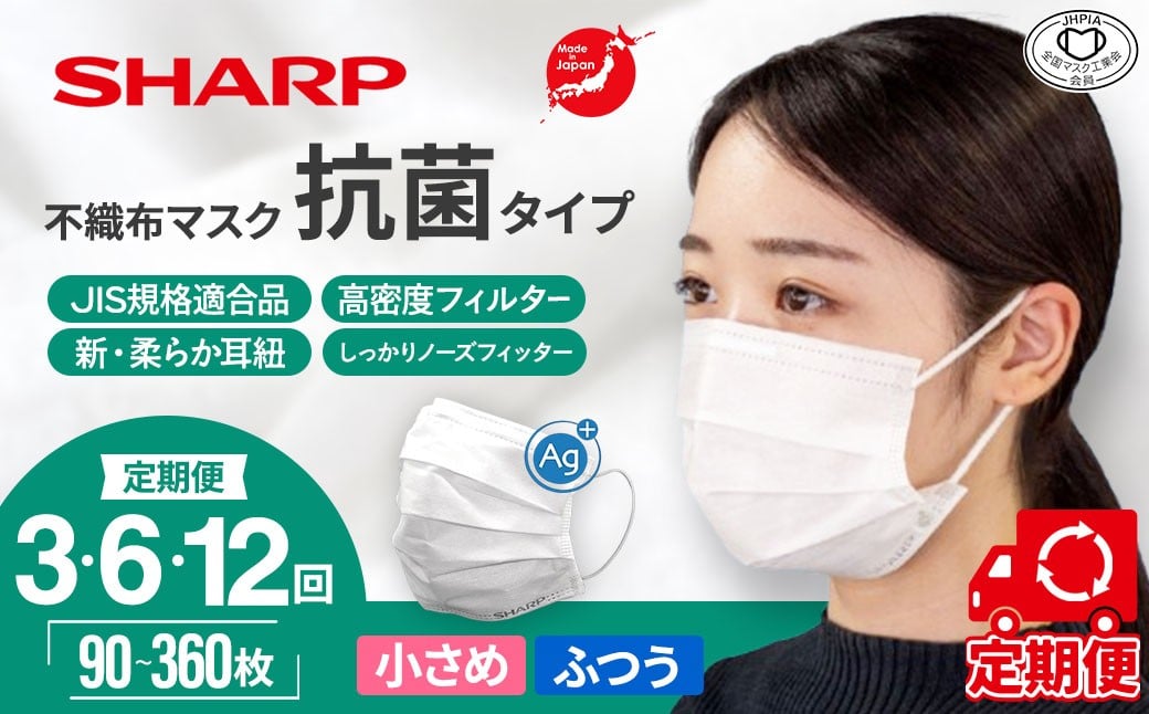 
                  【定期便】シャープ製 抗菌タイプ 不織布マスク ふつう 小さい サイズ 30枚入 えらべる回数3～12回| 日本製 国産 シャープ SHARP sharp 不織布 マスク ますく プリーツ型 飛沫 対策 日用品 おすすめ 人気 普通 標準 白 三重県 多気町
                