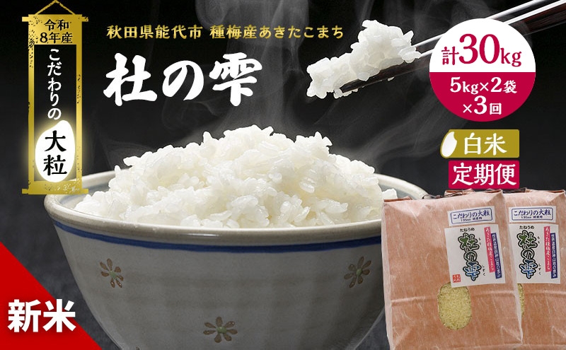 
                  新米 先行予約 令和8年産[白米]【定期便3ヶ月】秋田県産 あきたこまち 10kg(5kg×2)×3回 計30kg 「杜の雫」こだわりの大粒 種梅産【 お米 おこめ たねうめ 精米 ご飯 ごはん ブランド米 大粒 おにぎり 産地直送 能代 】
                