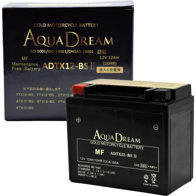 
            AQUADREAM GOLD バイク用バッテリー 液入充電済 ADTX12-BS II 1個【1641534】
          