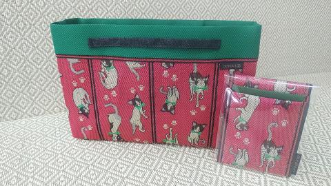SA0562　【畳の縁で制作】バッグインバッグと名刺・カードケース（ピンク猫）