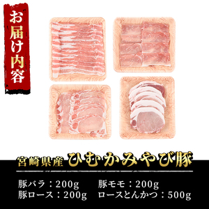 宮崎県産 ひむかみやび豚 4種食べ比べ セット(合計1.1kg・バラ、モモ、ロース各200g、ロースとんかつ500g)豚肉 ぶた肉 お肉 精肉 しゃぶしゃぶ トンカツ ブランド豚 詰め合せ 詰合せ 冷