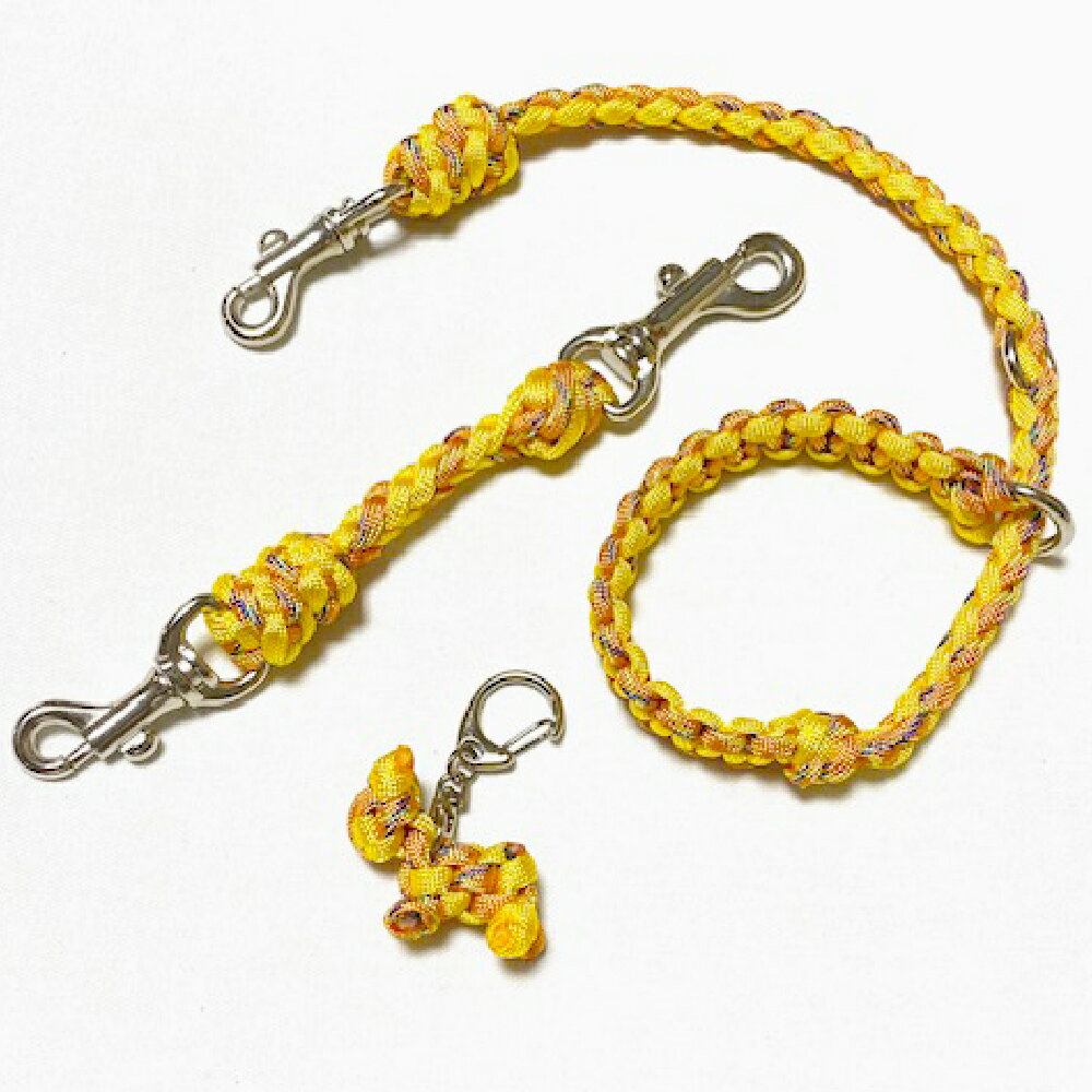 【ふるさと納税】愛犬さんのお散歩すっぽ抜け防止！ 首輪とハーネスを繋ぐジョイントリード（6本丸編み・スタンダード）＆愛犬さんと飼主さんを繋ぐリーシュ（サブ持ち手）セット お揃いのわんこキーホルダー付き 19cm 中型犬用 ペット用品 犬用品 岡山県 倉敷市 送料無料