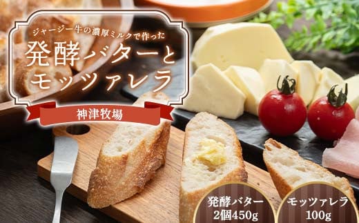 
            【神津牧場】ジャージー牛の濃厚ミルクで作った発酵バター2缶（450g） とモッツァレラ （100g） F21K-490
          