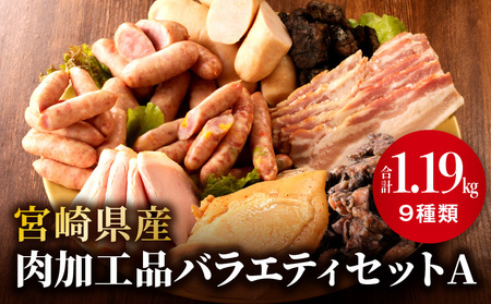 宮崎県産肉加工品バラエティセットA（合計1.19kg 9種類）ハム 荒挽 ウィンナー 炭火焼