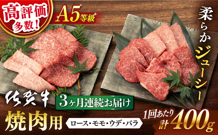 【3回定期便】 佐賀牛 A5 焼肉用 厳選部位 (ロース・モモ・ウデ・バラ) 400g (総計 1.2kg) / 佐賀牛 佐賀県産黒毛和牛 牛肉 焼肉 焼き肉 BBQ バーベキュー キャンプ【桑原畜産】 [NAB029]