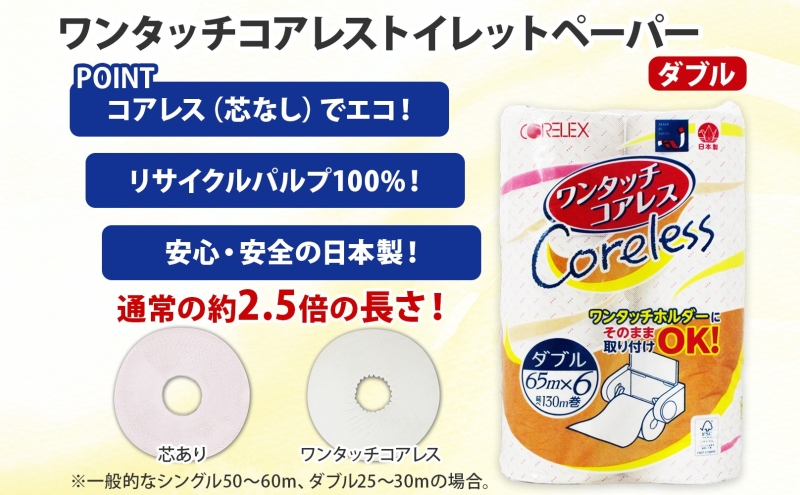 ワンタッチコアレス トイレットペーパー ダブル 65ｍ 60ロール 芯なし まとめ買い トイレ リサイクル 長持 防災 常備品 日用雑貨 消耗品 生活必需品 備蓄 ペーパー 紙 北海道 倶知安町 日用品 再生紙