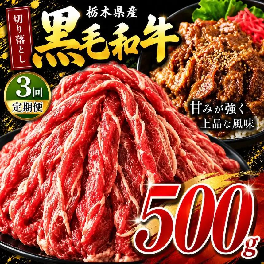 【定期3回】栃木県産黒毛和牛切り落とし 500g | 霜降り 和牛 切り落とし とろける 品質 柔らかく 銘柄牛 美味しい おいしい 特産品 ふるさと 納税 栃木県 那珂川町 送料無料