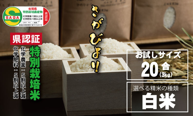 
                  令和6年度産 佐賀県認定 特別栽培米 味試し！さがびより20合（３ｋｇ）田中農場 （白米） 
                