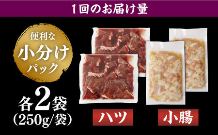 【全6回定期便】【塩だれ】九州産和牛 ホルモン 2種 計1kg（ ハツ 250g×2袋・ 小腸 250g×2袋） 長与町/岩永ホルモン [EAX140]国産 牛肉 ミックス 小分け 味付き 冷凍 焼肉
