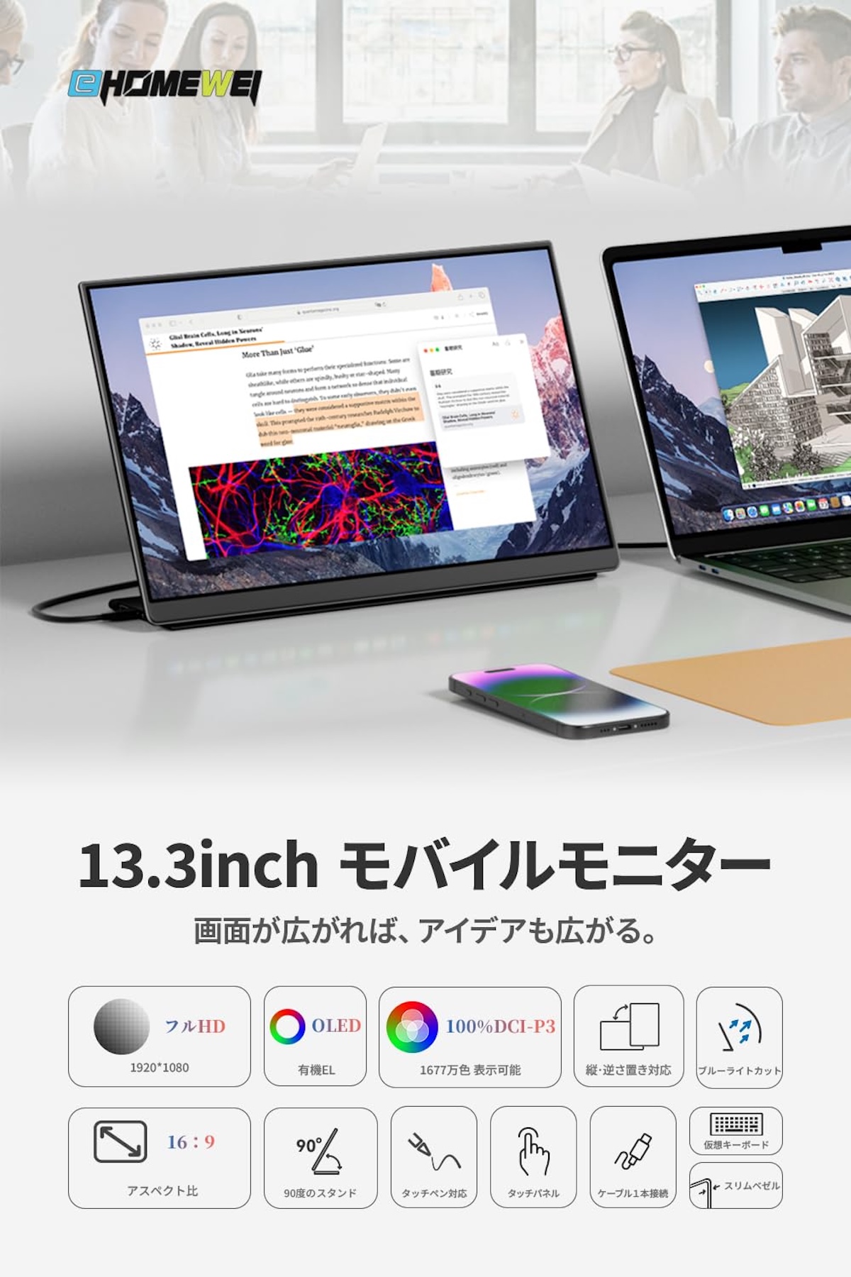 EHOMEWEI モバイルモニター 有機EL タッチパネル 13.3インチ 薄型5mm [1306]
