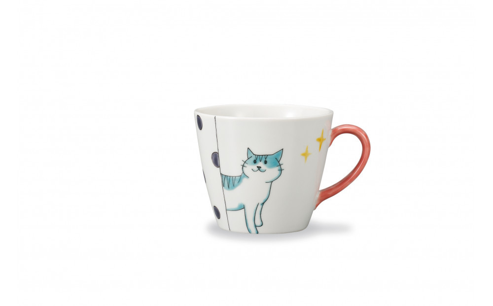 九谷焼　マグカップ　水玉ねこ　岡田絹代作 a04 工芸品 172111_CY3183