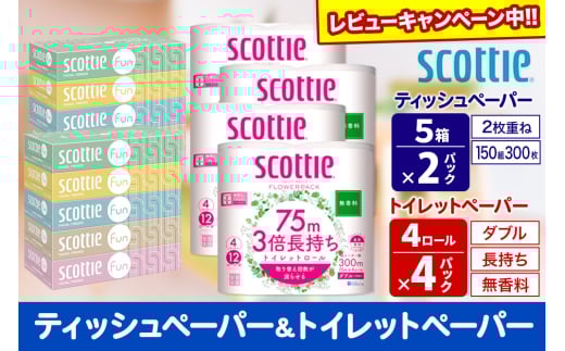 ティッシュペーパー スコッティ ファン 150組 5箱×2パック ＆ スコッティトイレットペーパー ダブル 無香料 3倍長持ち4ロール×4パック 秋田市オリジナル【レビューキャンペーン中】