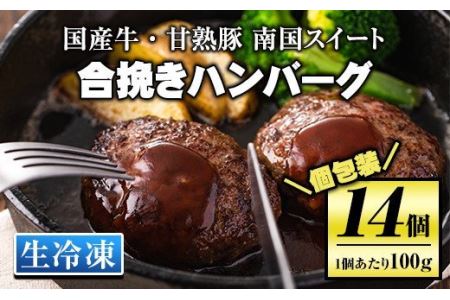 isa172 《毎月数量限定》＜生冷凍＞国産牛・甘熟豚南国スイート合挽きハンバーグ(14個・1個あたり100g) 伊佐市 特産品 国産 国産牛 牛肉 九州産 ブランド豚 豚肉 個包装 手ごね ハンバーグ 焼くだけ 簡単調理 おかず 惣菜 冷凍 冷凍便【お肉の直売所 伊佐店】