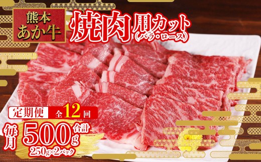 【定期便12回】熊本和牛 あか牛 焼肉用 カット バラ ロース 500g (250g×2パック)×12回配送 牛肉 肉 和牛 焼肉 BBQ 焼肉セット 赤身 冷凍 小分け 焼き肉 熊本県 水上村