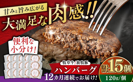 【全12回定期便】【牧草牛×放牧豚】ハンバーグ 15個 牛肉 豚肉 小分け 冷凍 北海道 [AXBP045]