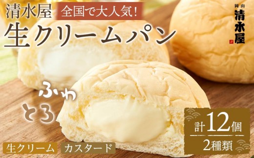 ＜究極のふわとろ食感＞清水屋 生クリームパン 12個 2種（カスタード・生クリーム）