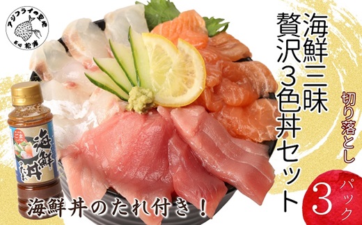 海鮮丼のたれ付！海鮮三昧贅沢3色丼セット 100g×3パック【B0-158】 海鮮 海鮮丼 マグロ まぐろ 鮪 真鯛 タイ たい 鮭 サーモン ハーブ 切り落とし セット 刺身 カルパッチョ 簡単調理