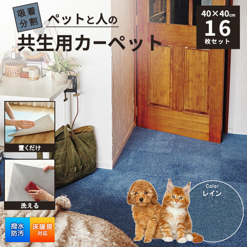 【ふるさと納税】吸着分割ペットと人の共生用カーペット2.56平方メートル（40×40cm　16枚セット）＜レイン＞[ カーペット 正方形 マット 洗える ズレない 撥水 防汚 消臭 防音 床暖房対応 犬 猫 リビング 動物 ]