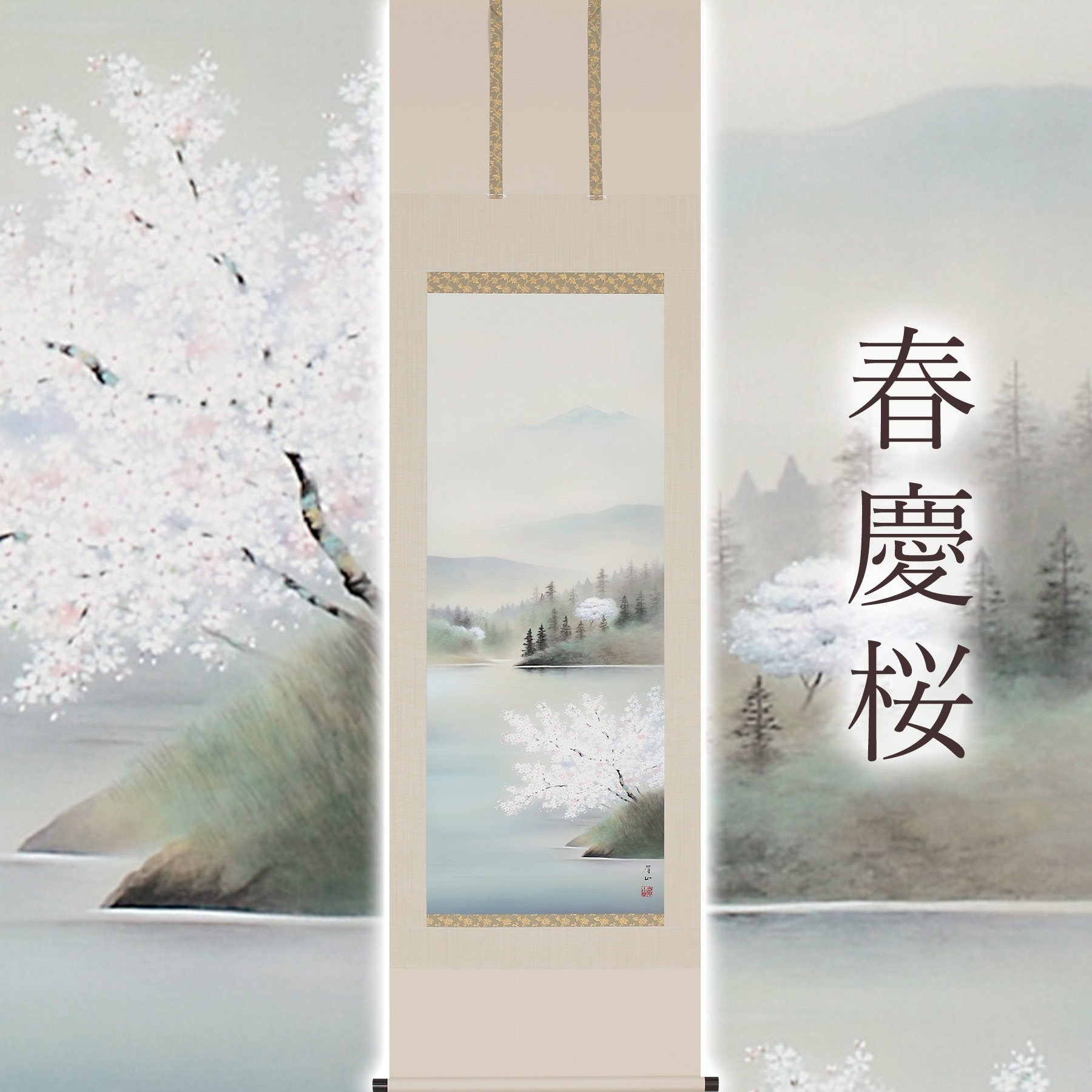 
            掛け軸「春慶桜」 佐藤眉山 尺五立 サイズ：54.5×190cm 桐箱付 掛け軸 表装 床の間
          