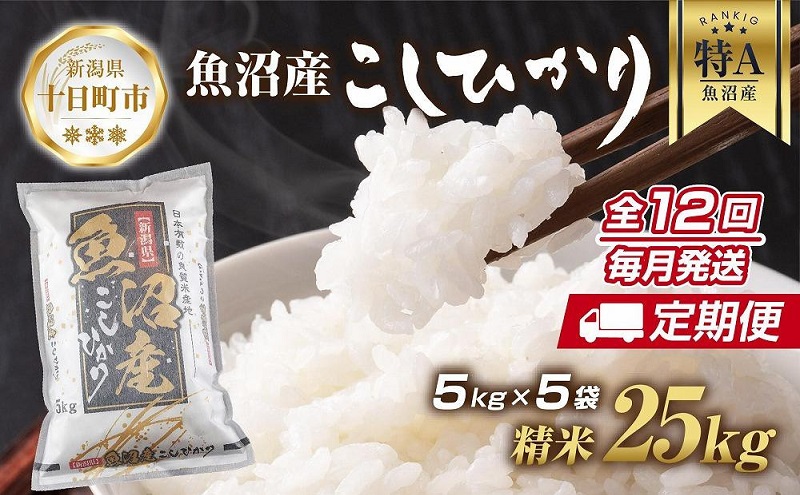 【定期便】新潟県 魚沼産 コシヒカリ お米 25kg×計12回 精米済み 年間 毎月発送 こしひかり（お米の美味しい炊き方ガイド付き）